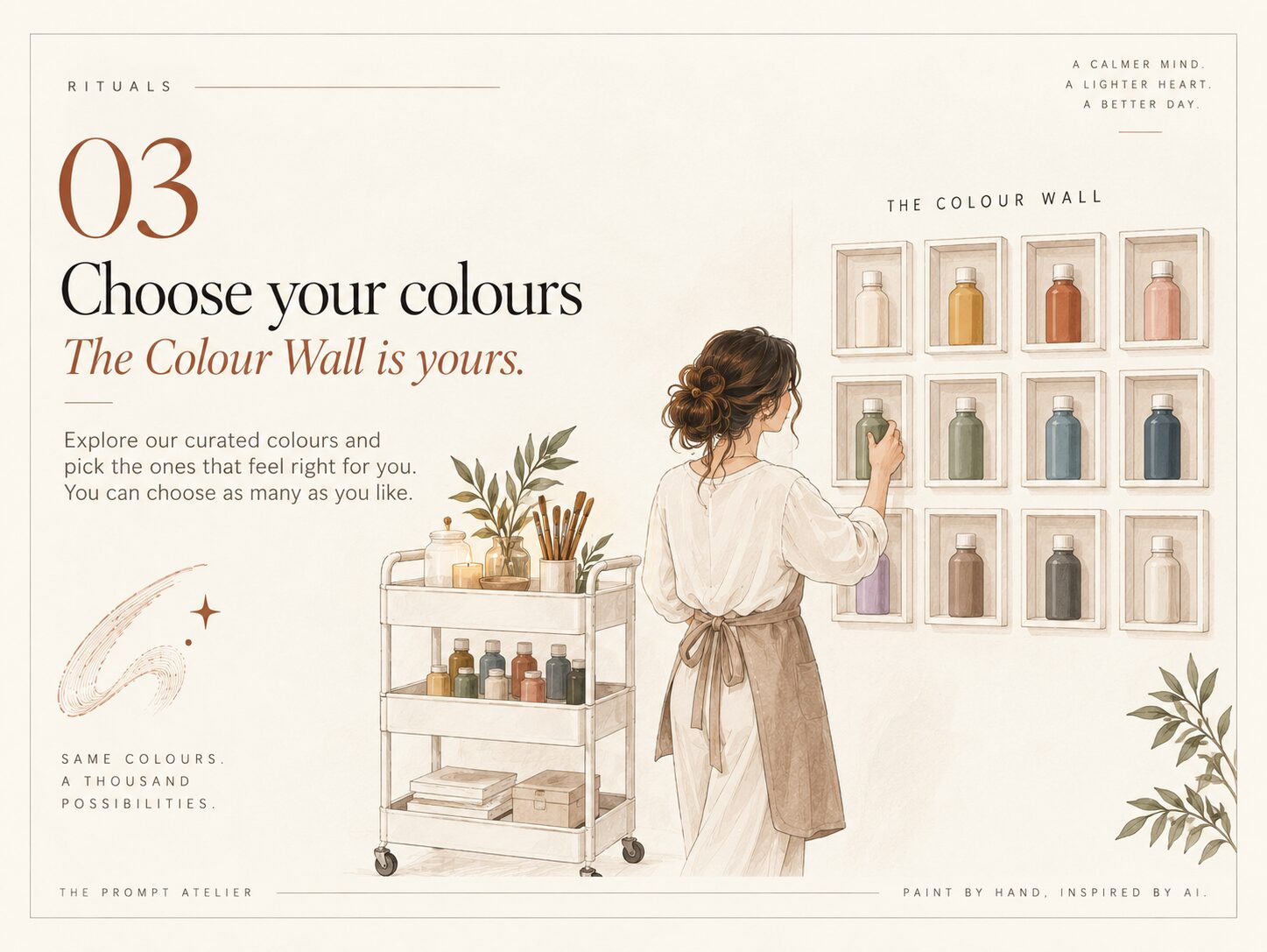 A guest selects paint from twelve framed bottles on the studio's Colour Wall.