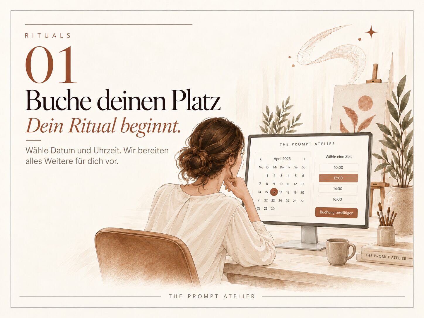 Eine Frau sitzt an einem Computer und wählt Datum und Uhrzeit für ihre Malsession im The Prompt Atelier.