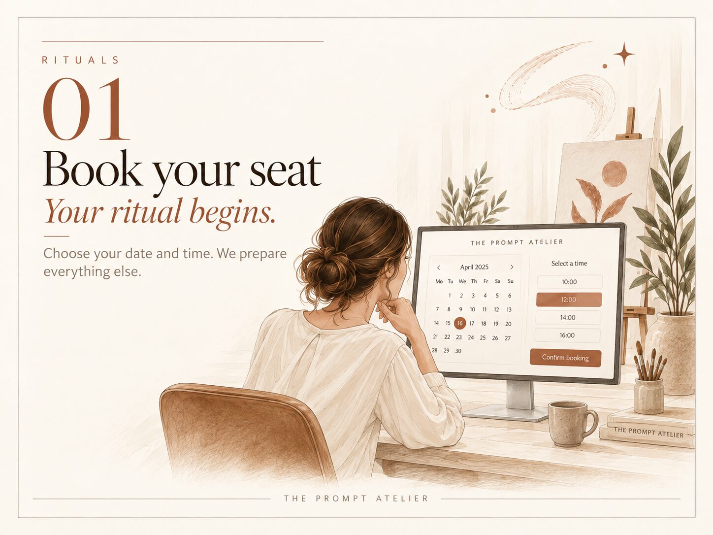 A woman sits at a desktop computer choosing a date and time to book her painting session at The Prompt Atelier.