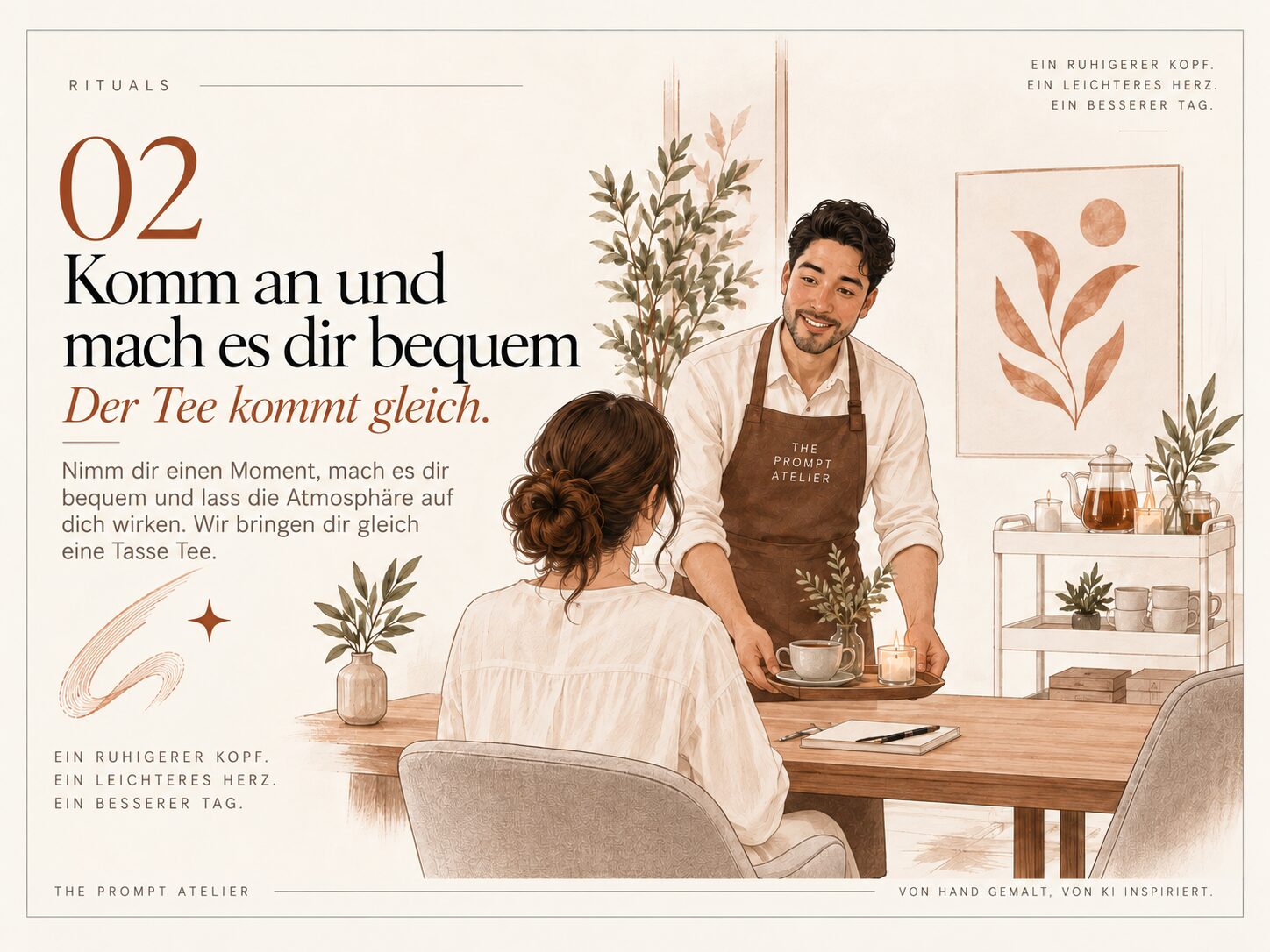 Eine Gastgeberin in einer Prompt-Atelier-Schürze bringt Tee und eine angezündete Kerze an einen Tisch.