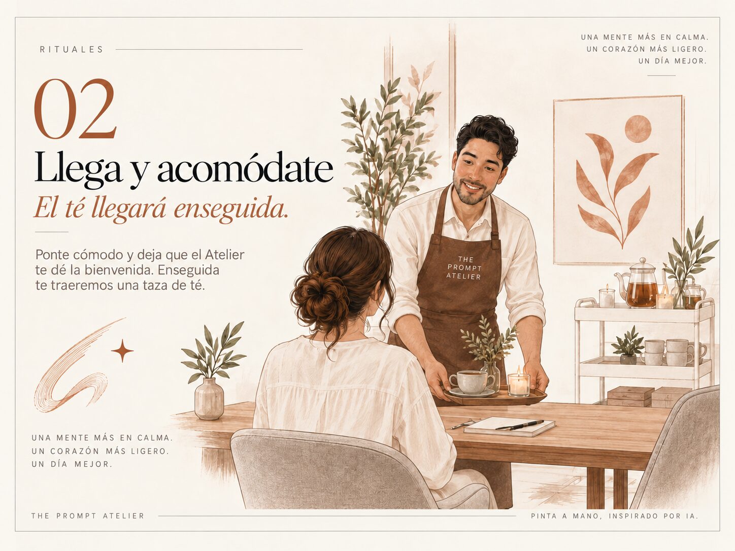 Una anfitriona con delantal de The Prompt Atelier trae té y una vela encendida a una mesa.