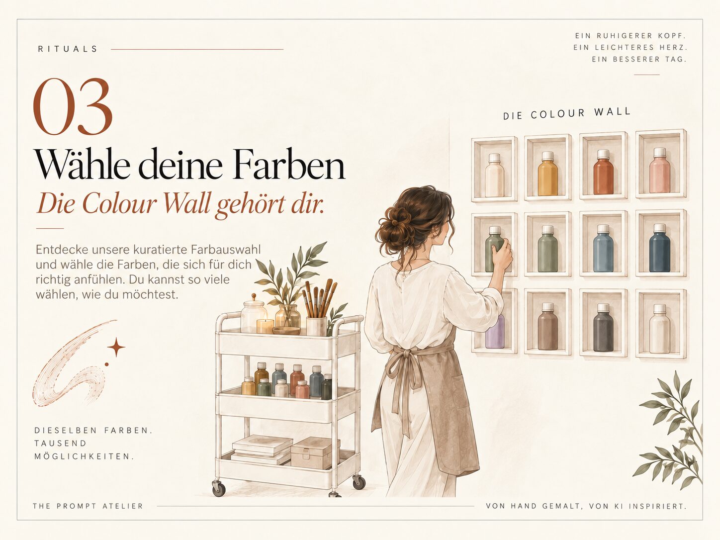 Eine Gästin wählt Farbe aus zwölf gerahmten Flaschen an der Colour Wall des Ateliers.