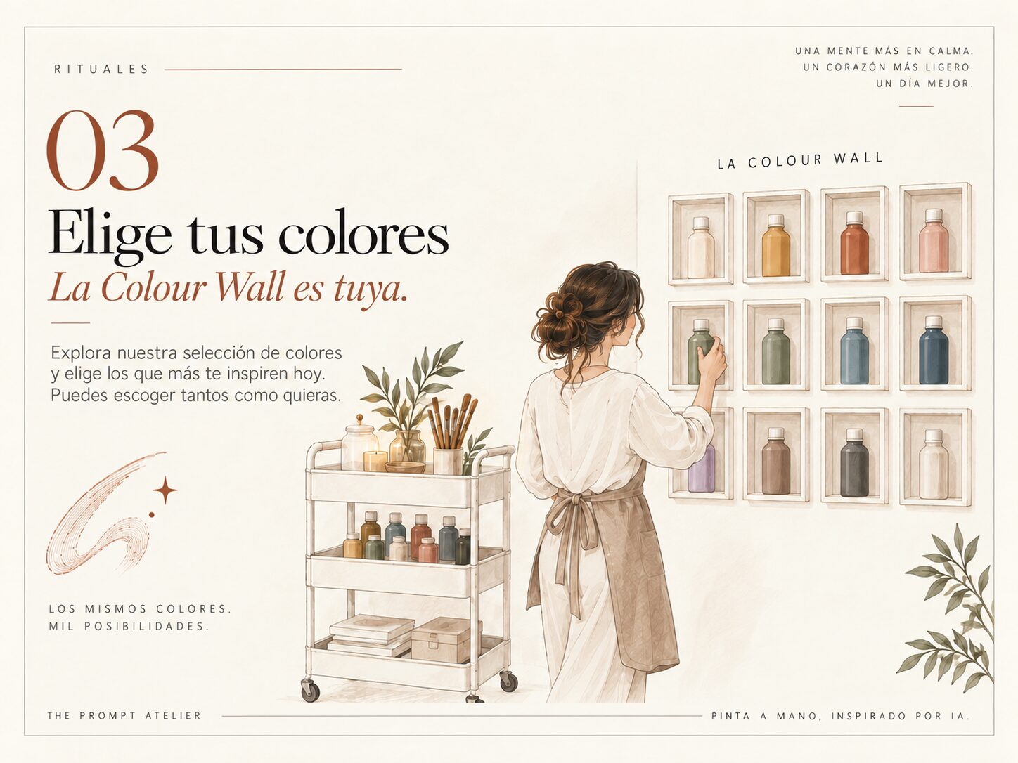 Una invitada elige pintura entre doce frascos enmarcados en la Colour Wall del estudio.