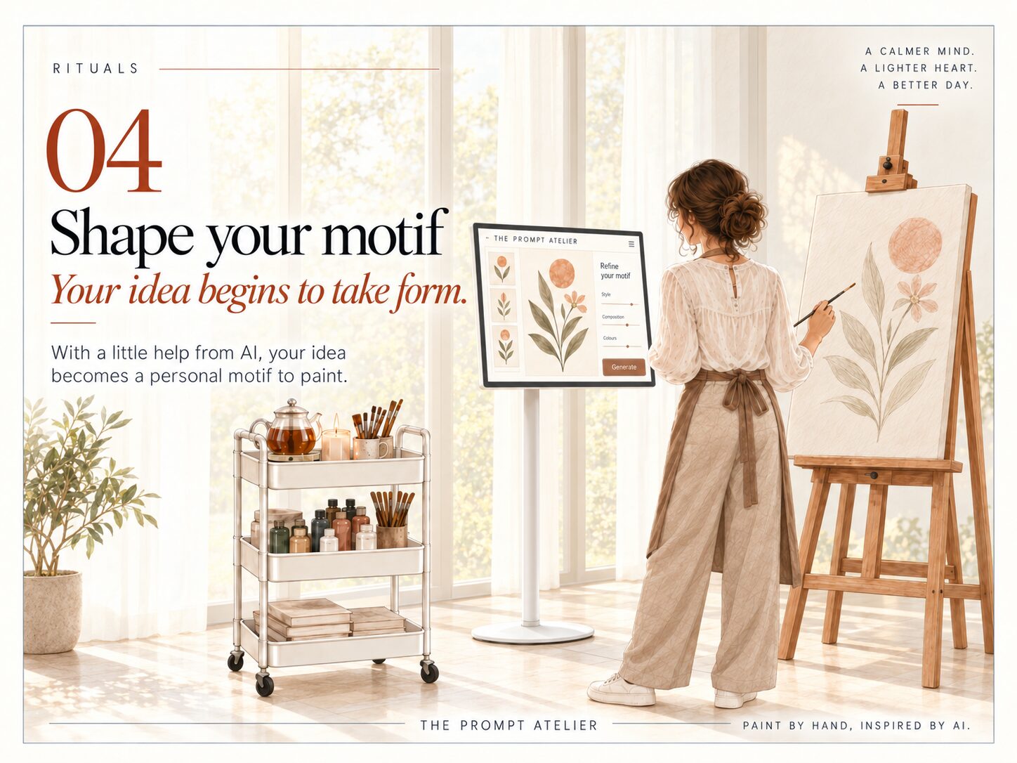 A guest stands at an easel with a personal floral motif sketched on the canvas and a monitor nearby showing the motif for reference.