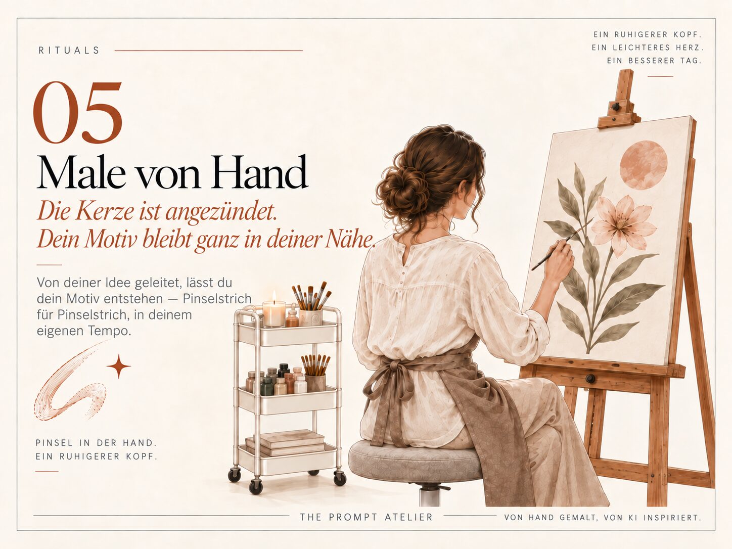 Eine Gästin sitzt an einer Staffelei und malt von Hand ein Blumenmotiv, neben ihr eine brennende Kerze und ein Materialwagen.