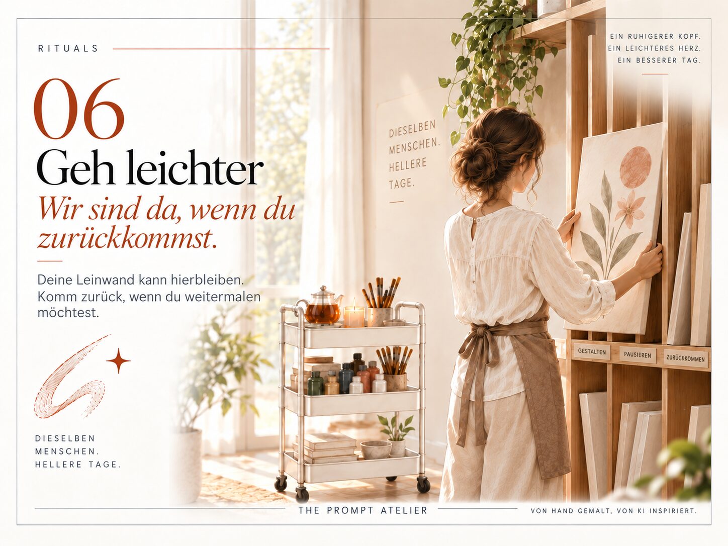 Eine Gästin schiebt ihre unvollendete Leinwand in ein Aufbewahrungsregal im Atelier, um bei einem künftigen Besuch weiterzumalen.