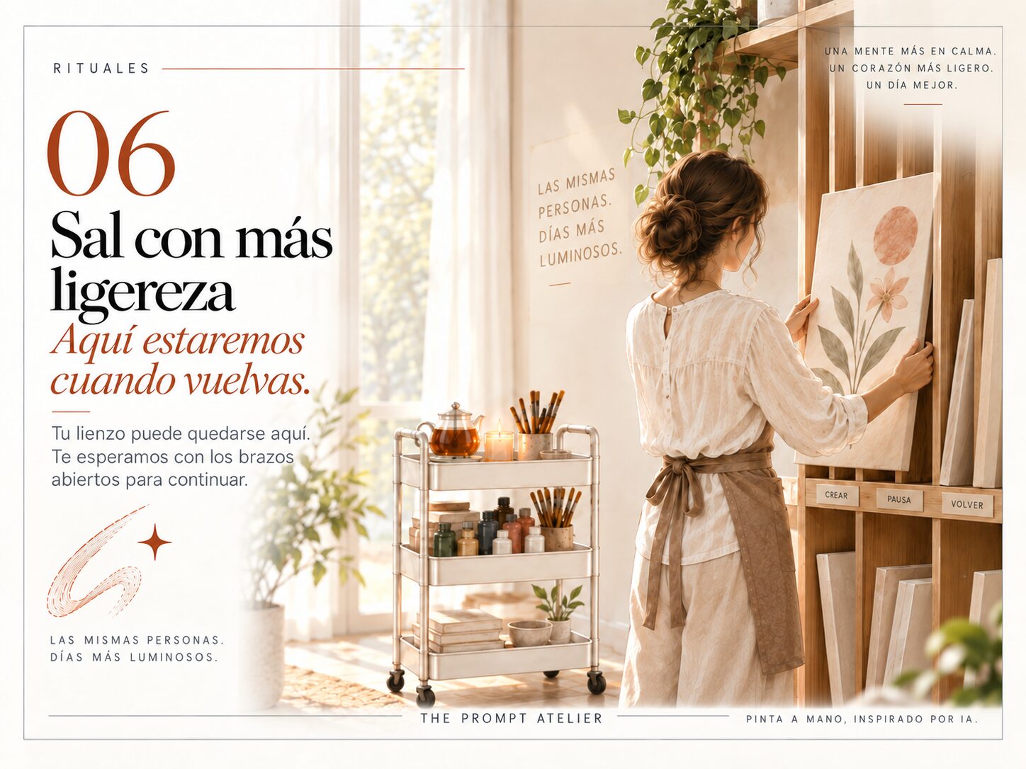 Una invitada guarda su lienzo sin terminar en una estantería del estudio para continuar en una futura visita.