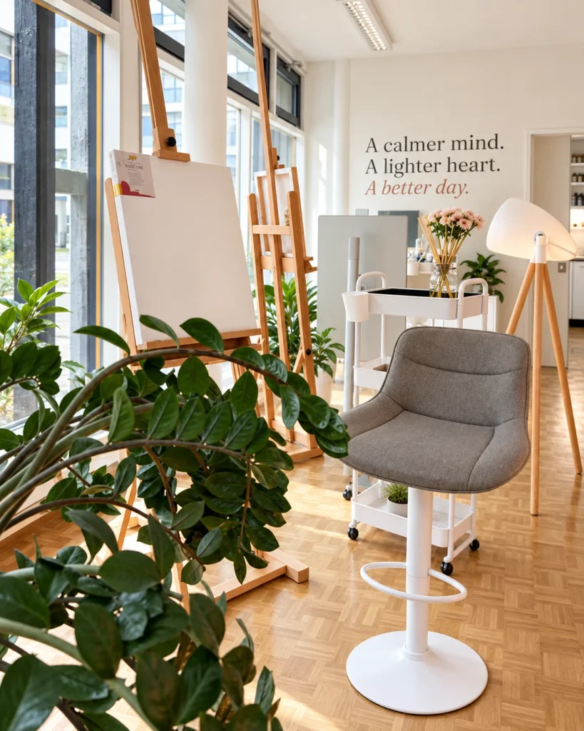 Vorbereiteter Malplatz im Atelier mit Staffeleien, Pflanzen und Tageslicht.